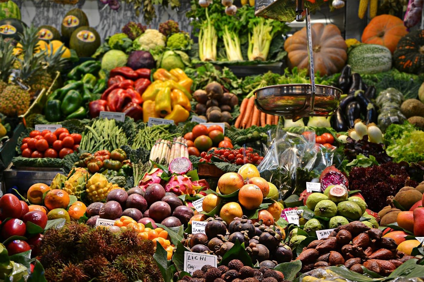 Fresh produce laid out at a market stall