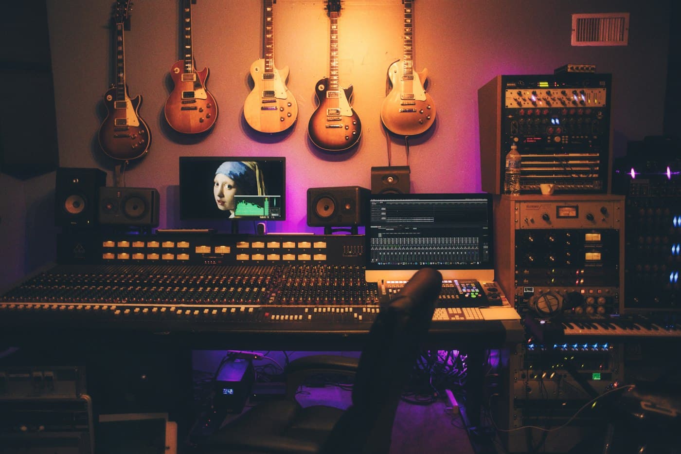 Recording equipment and instruments in a music studio